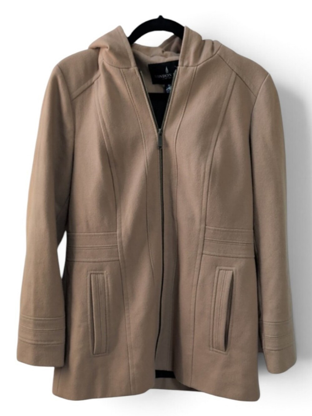 London Fog , Camel Wool Blend Hooded Jacket. Med